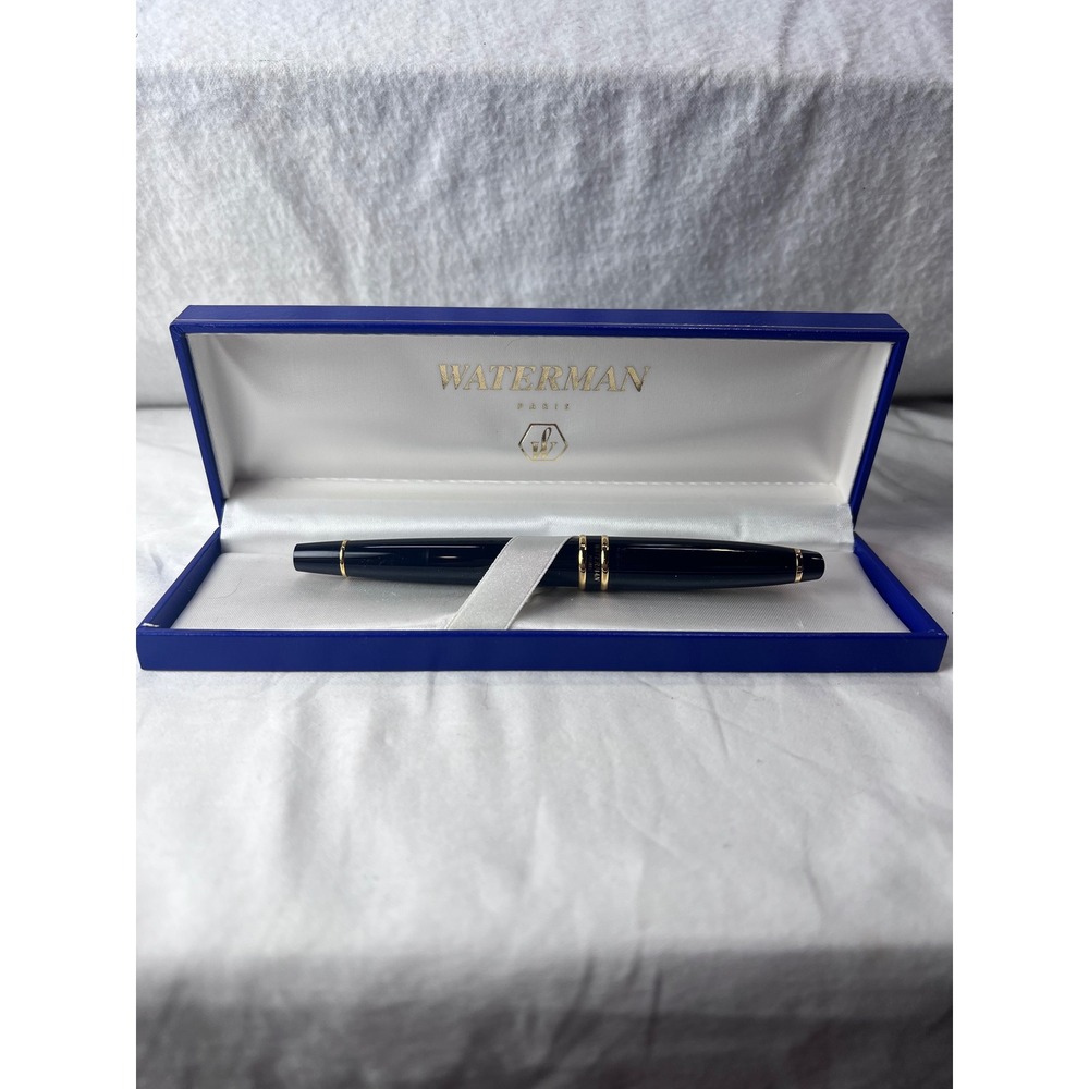 Waterman Expert Fountain Pen Black Lacquer Gold Trim Made in France with Box